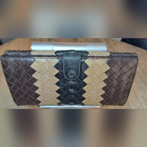 Bottega Veneta Intreccaito Black Brown and Tan Woven Wallet Clutch